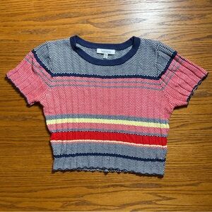 Chevron stripe cropped top short sleeve red blue yellow size L lettuce edge